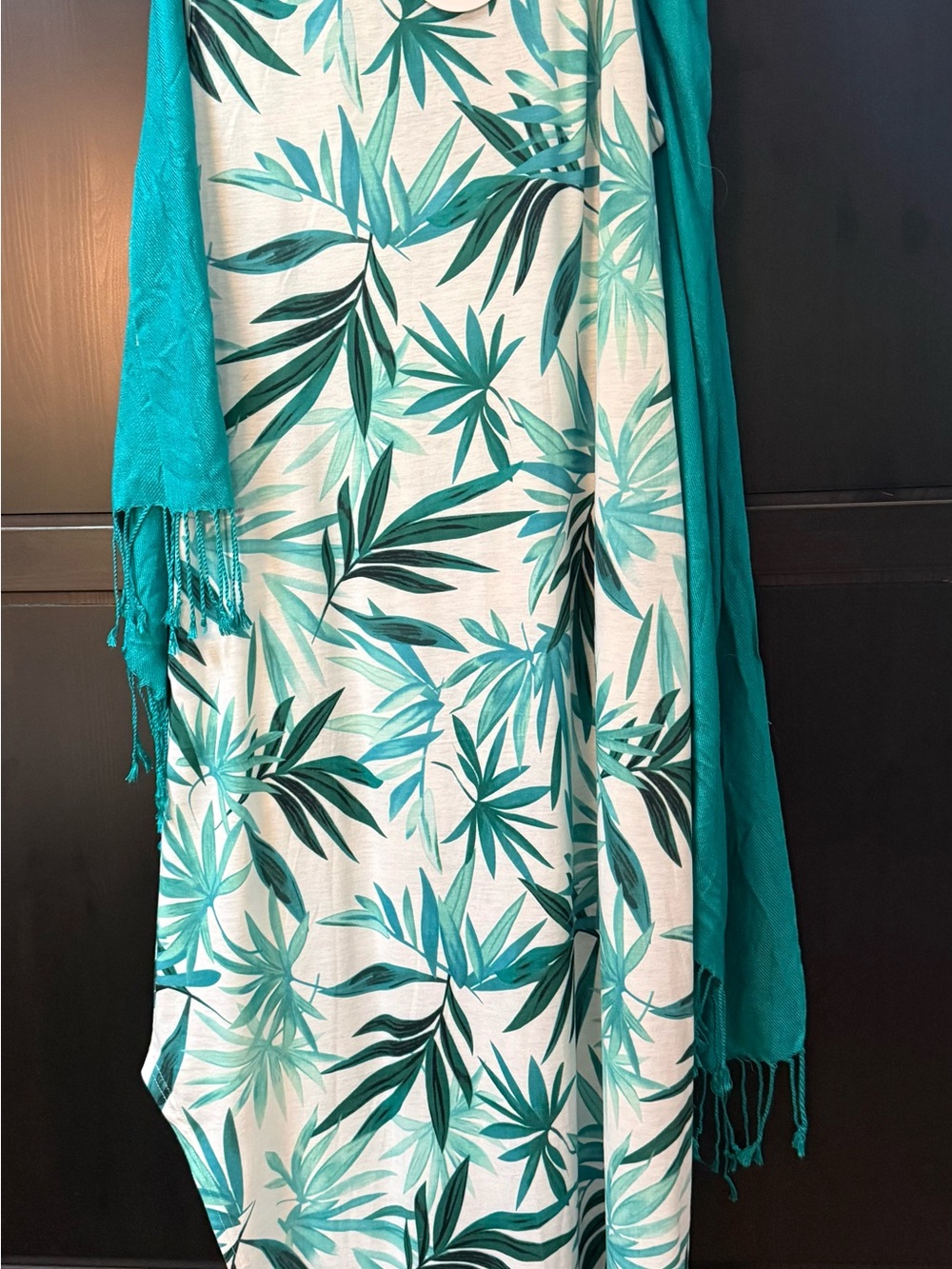 Teal Palm-Print Maxi Dress with Shawl